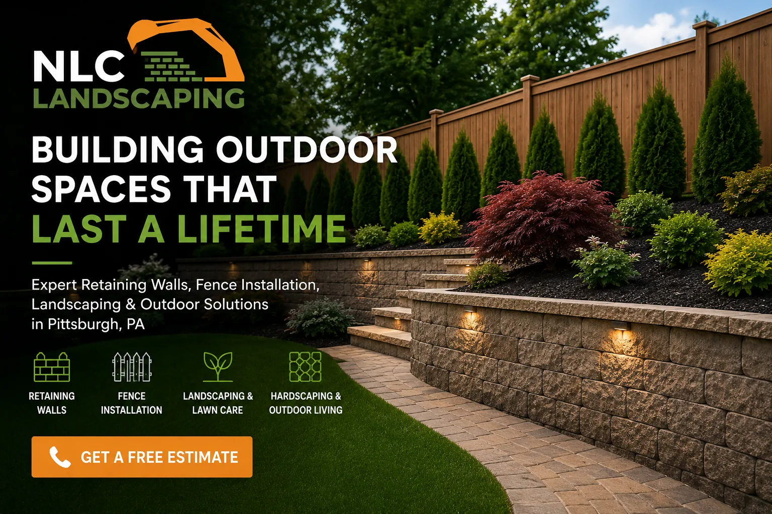 Retaining wall and fence installation by NLC Landscaping in Pittsburgh PA